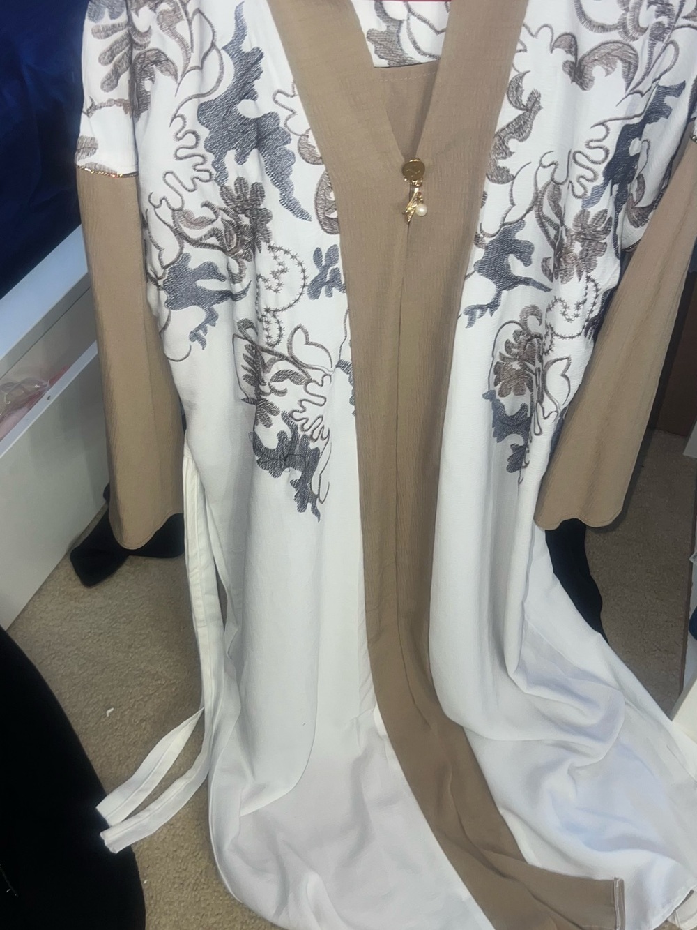 Women's White and Tan Maxi Dress with Floral Embroidery